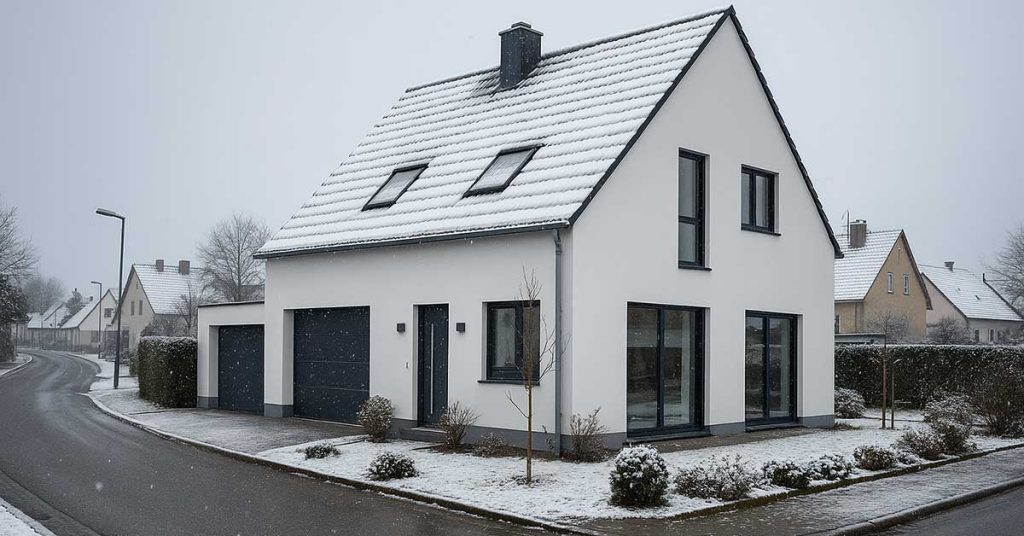 Immobilienverkauf im Winter: Warum sich die stille Jahreszeit lohnen kann 1 Modernes Einfamilienhaus in verschneiter Winterlandschaft; symbolisiert den Immobilienverkauf in der kalten Jahreszeit und die Chancen einer gelungenen Präsentation im Winter. | Immobilienverkauf