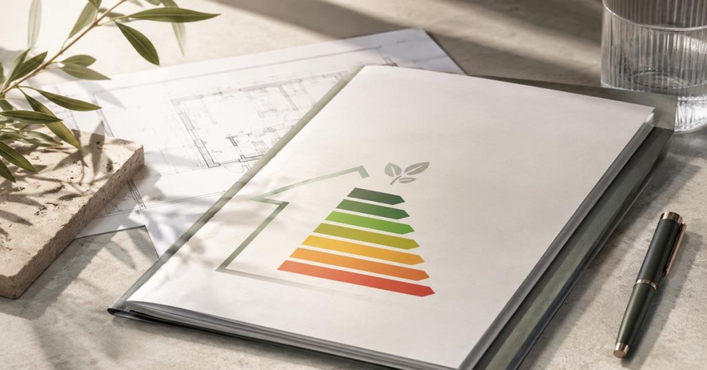 Bedarfsausweis mit farbiger Energieeffizienzskala von Grün bis Rot auf einem Tisch, daneben Baupläne, Zweige und ein Stift.