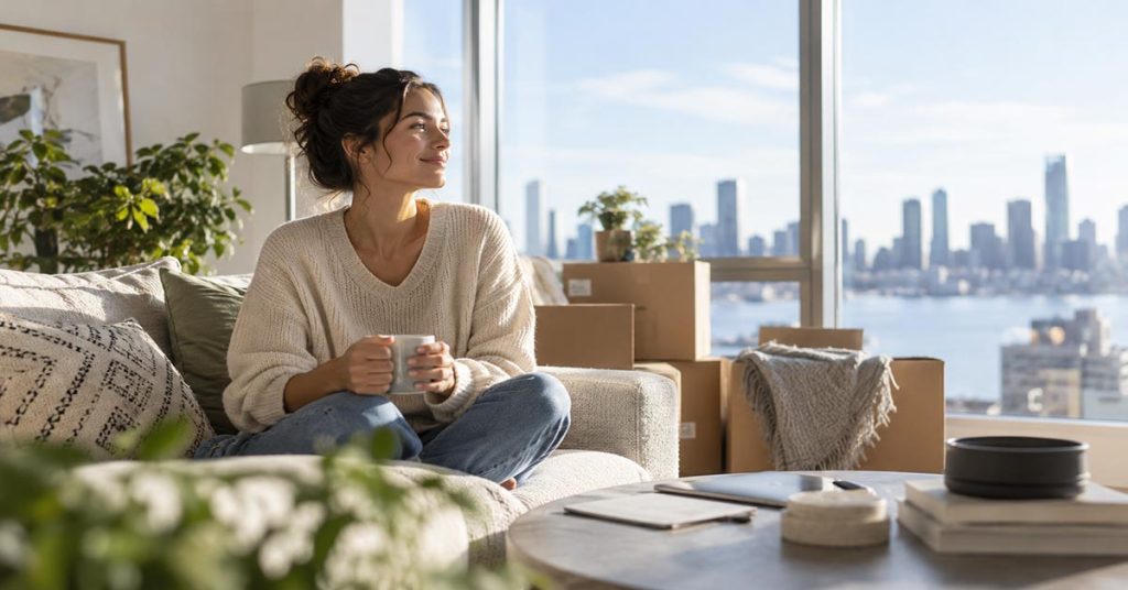 Allein ins Eigenheim: So gelingt der Immobilienkauf auch ohne Partner 6 Junge Frau sitzt allein mit einer Tasse Kaffee auf dem Sofa ihrer neuen Wohnung, umgeben von Umzugskartons, mit Blick auf die Skyline einer Großstadt. | Immobilienfinanzierung